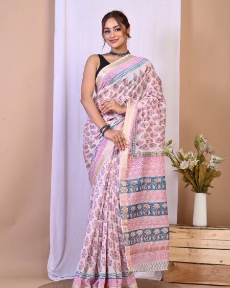 Hand Block Printed Maheshwari Silk Saree CMHA00007