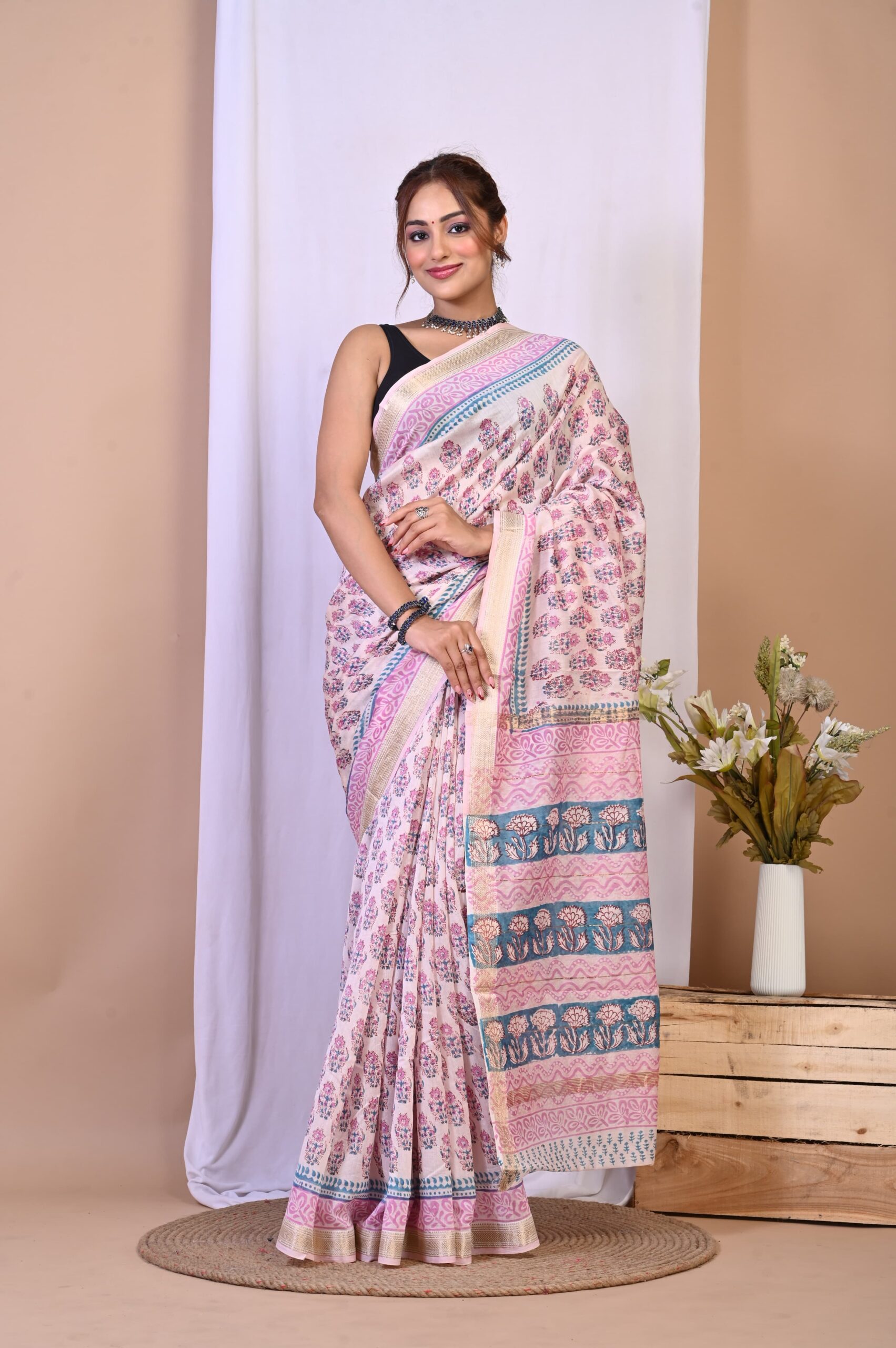 Hand Block Printed Maheshwari Silk Saree CMHA00007