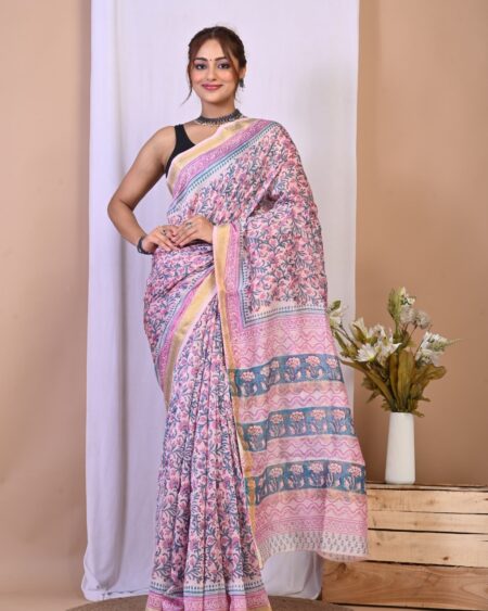 Hand Block Printed Maheshwari Silk Saree CMHA00009