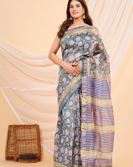 Hand Block Printed Maheshwari Silk Saree CMHA00017