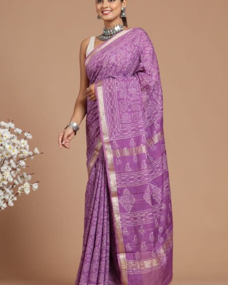 Hand Block Printed Maheshwari Silk Saree CMHA00026