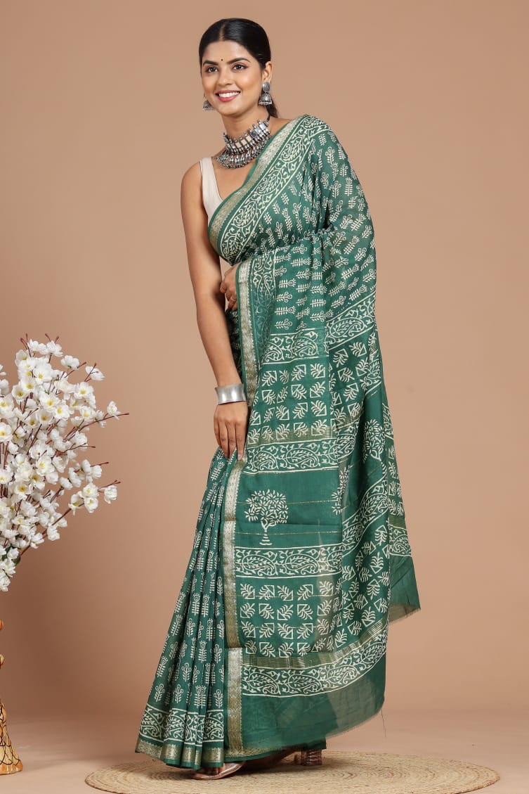 Hand Block Printed Maheshwari Silk Saree CMHA00027