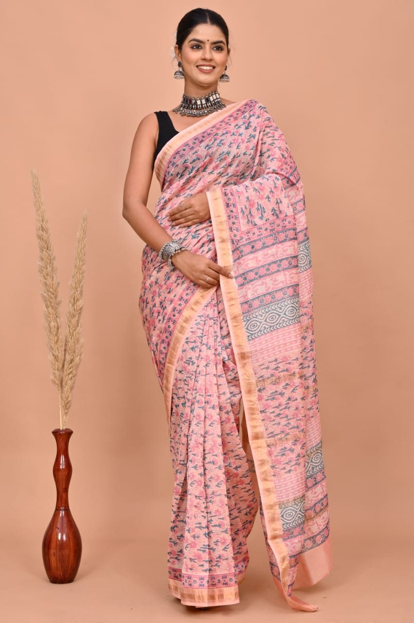 Hand Block Printed Maheshwari Silk Saree CMHA00032